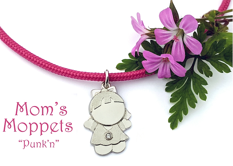 Mom's Moppets- Little girl charm for mom on a pink cord bracelet.